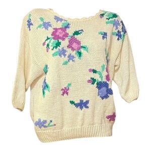 KORET Cream Floral Embroidered Knit Sweater Size L cottagecore grandmacore
